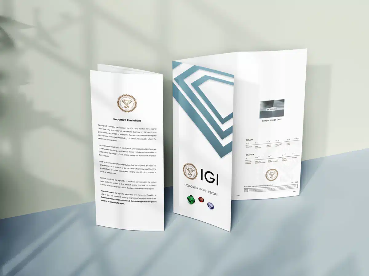 Colored stone report example showing how documentation supports gemstone disclosure